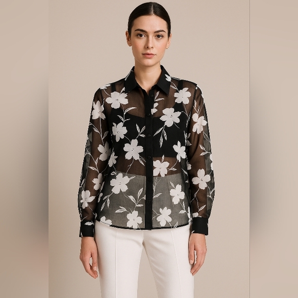 Notations Sheer Floral Pattern Blouse Black White XL - Picture 3 of 12